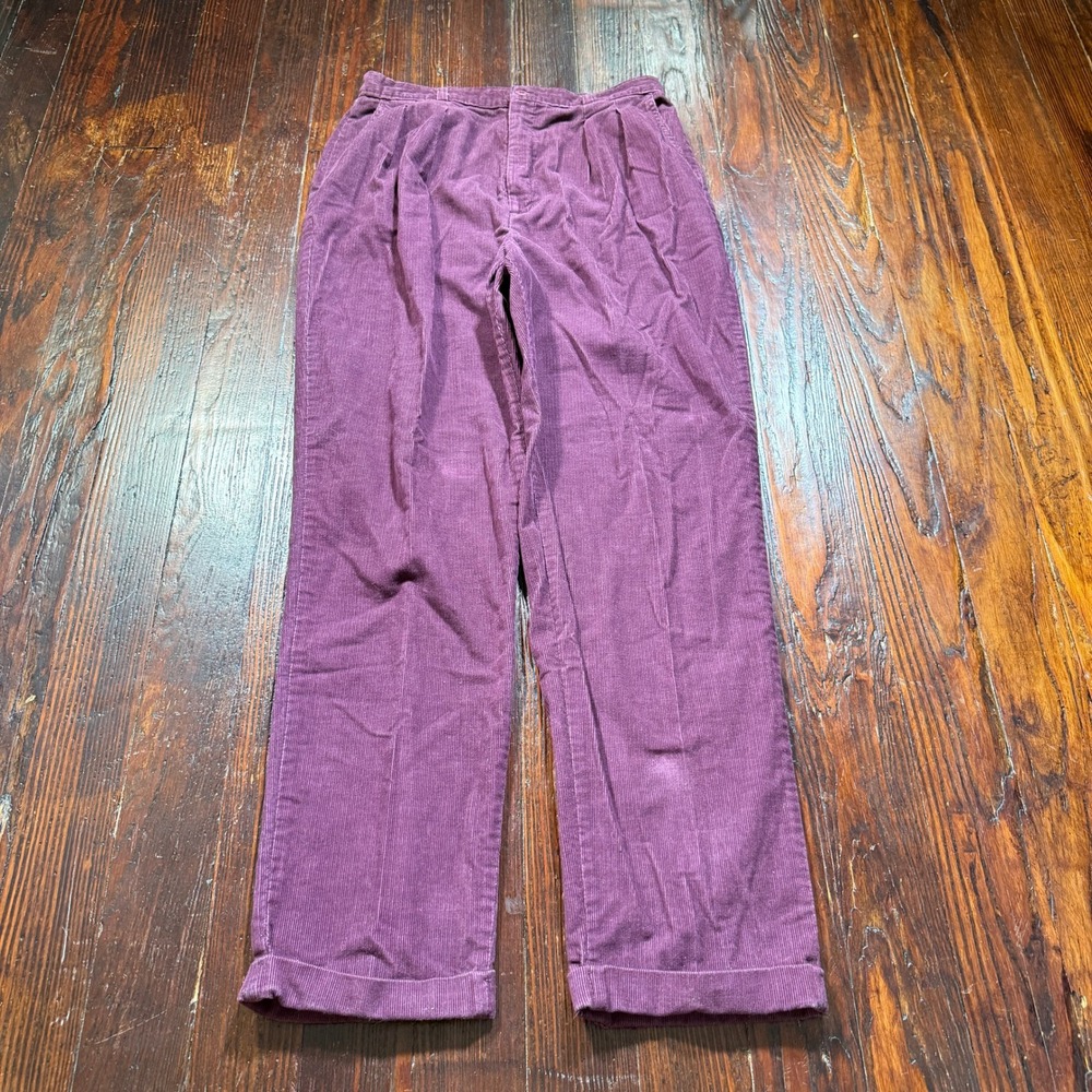 Vintage 80s Levis Corduroy Trousers Women 16 Purple Pleated Straight Leg Cuffed